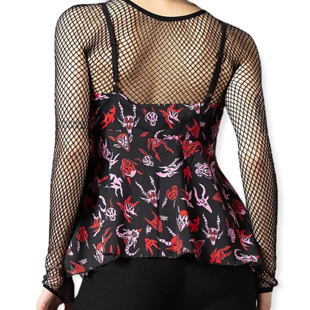 Sleeveless Black Pink Red Devil Print Front Envelope Tie Top by Killstar - NEW - Picture 2 of 3